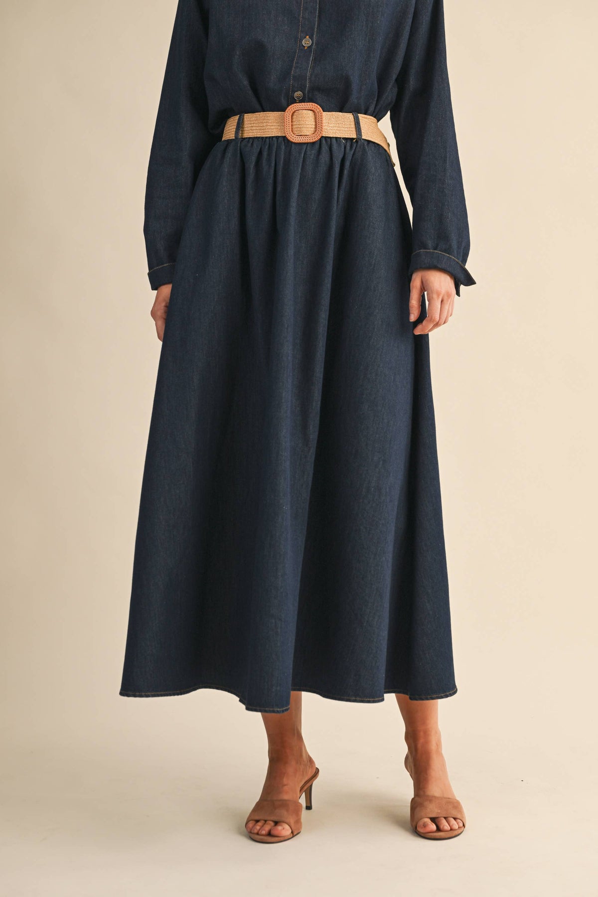 IST6190 DENIM BUTTON DOWN SHIRT AND BELTED MAXI SKIRT SET