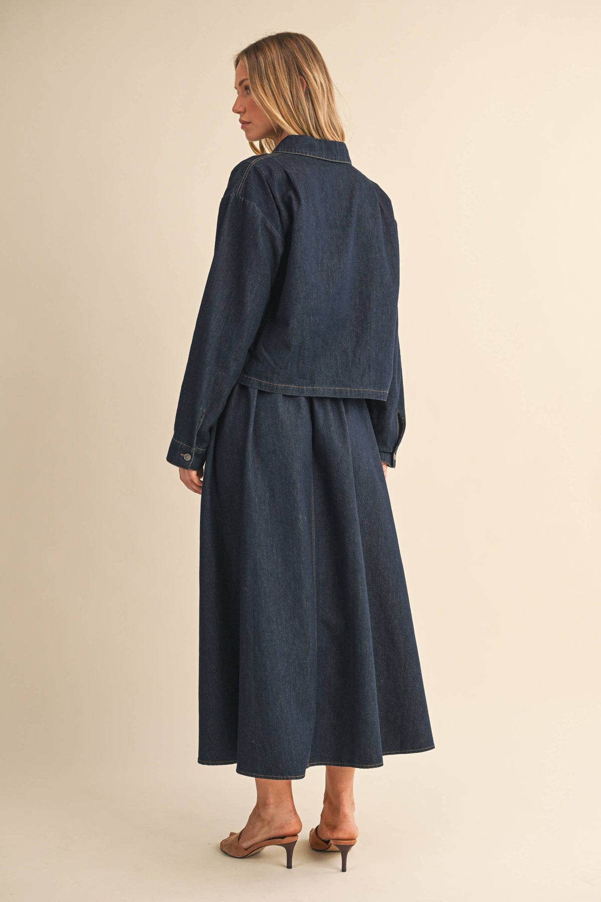 IST6190 DENIM BUTTON DOWN SHIRT AND BELTED MAXI SKIRT SET