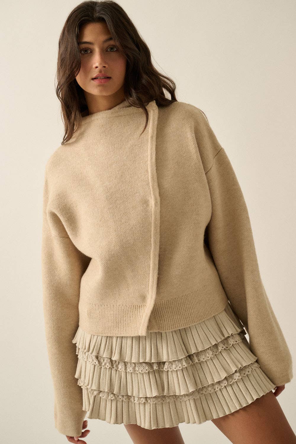 Solid Knit Snap-Front Wrap Sweater Jacket