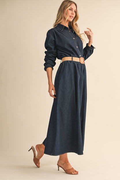 IST6190 DENIM BUTTON DOWN SHIRT AND BELTED MAXI SKIRT SET