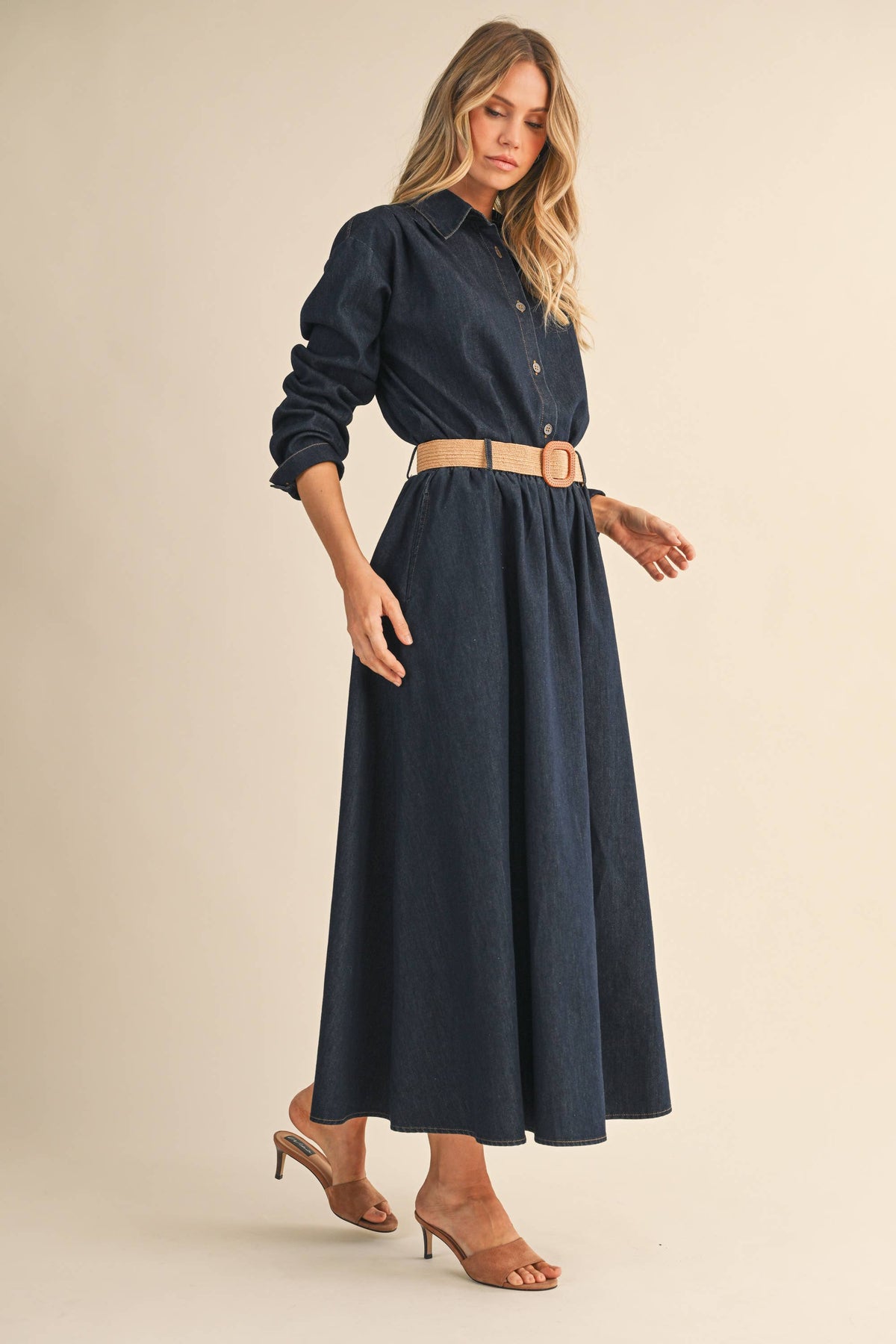 IST6190 DENIM BUTTON DOWN SHIRT AND BELTED MAXI SKIRT SET