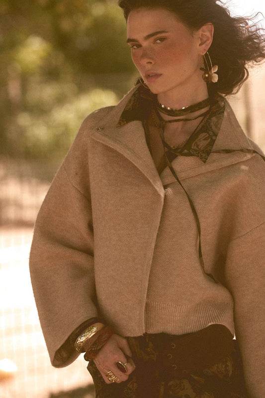 Solid Knit Snap-Front Wrap Sweater Jacket