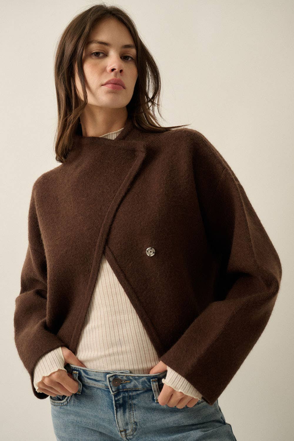 Solid Knit Snap-Front Wrap Sweater Jacket