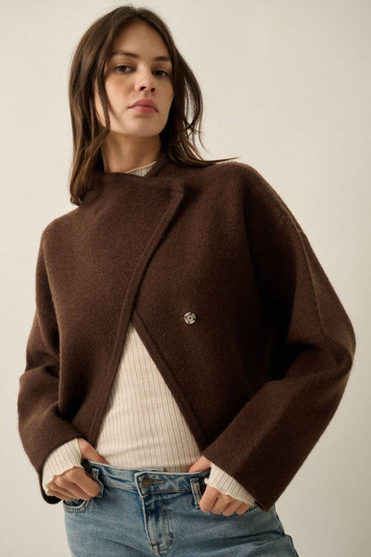 Solid Knit Snap-Front Wrap Sweater Jacket