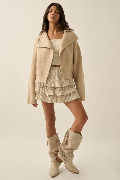 Solid Knit Snap-Front Wrap Sweater Jacket