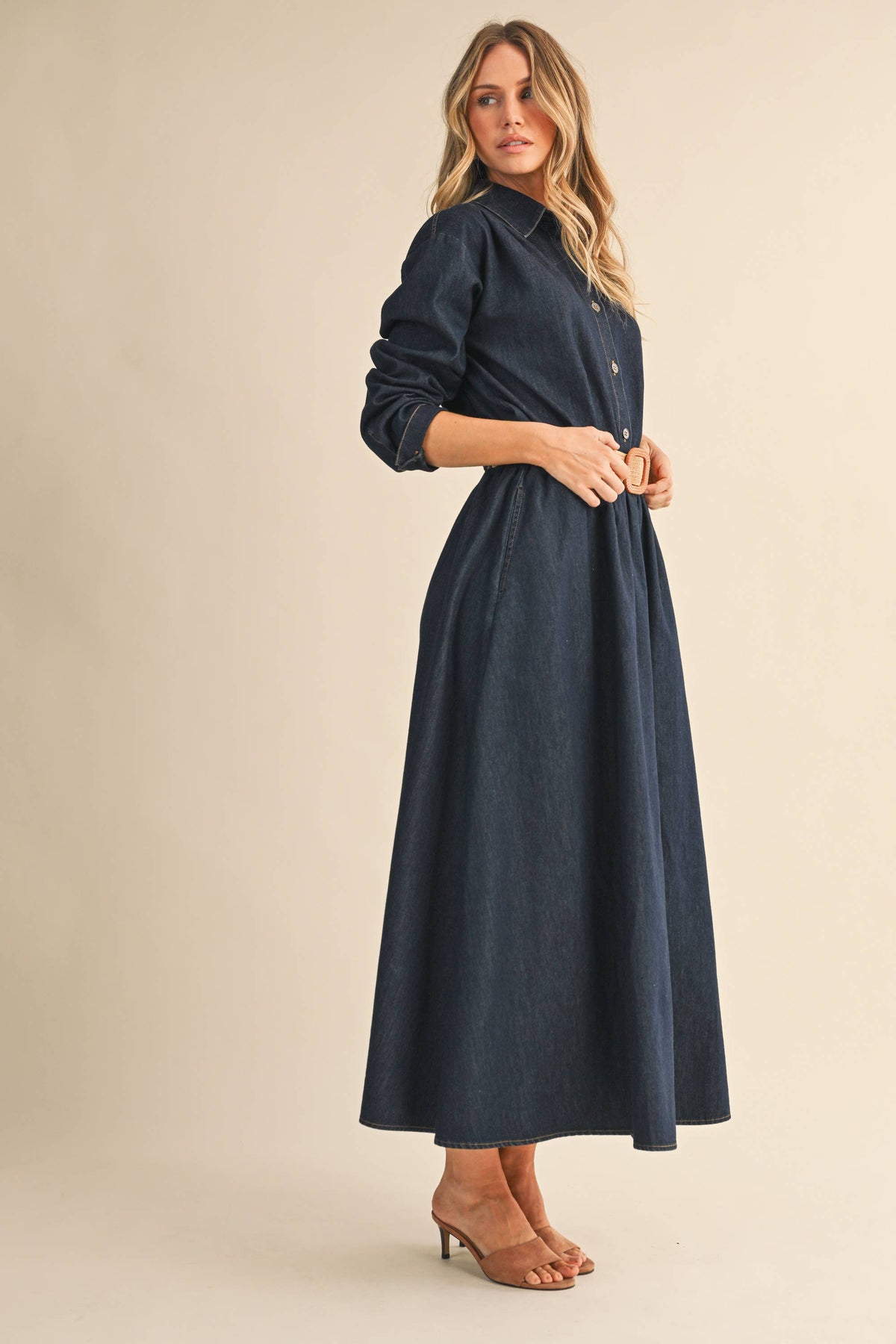 IST6190 DENIM BUTTON DOWN SHIRT AND BELTED MAXI SKIRT SET