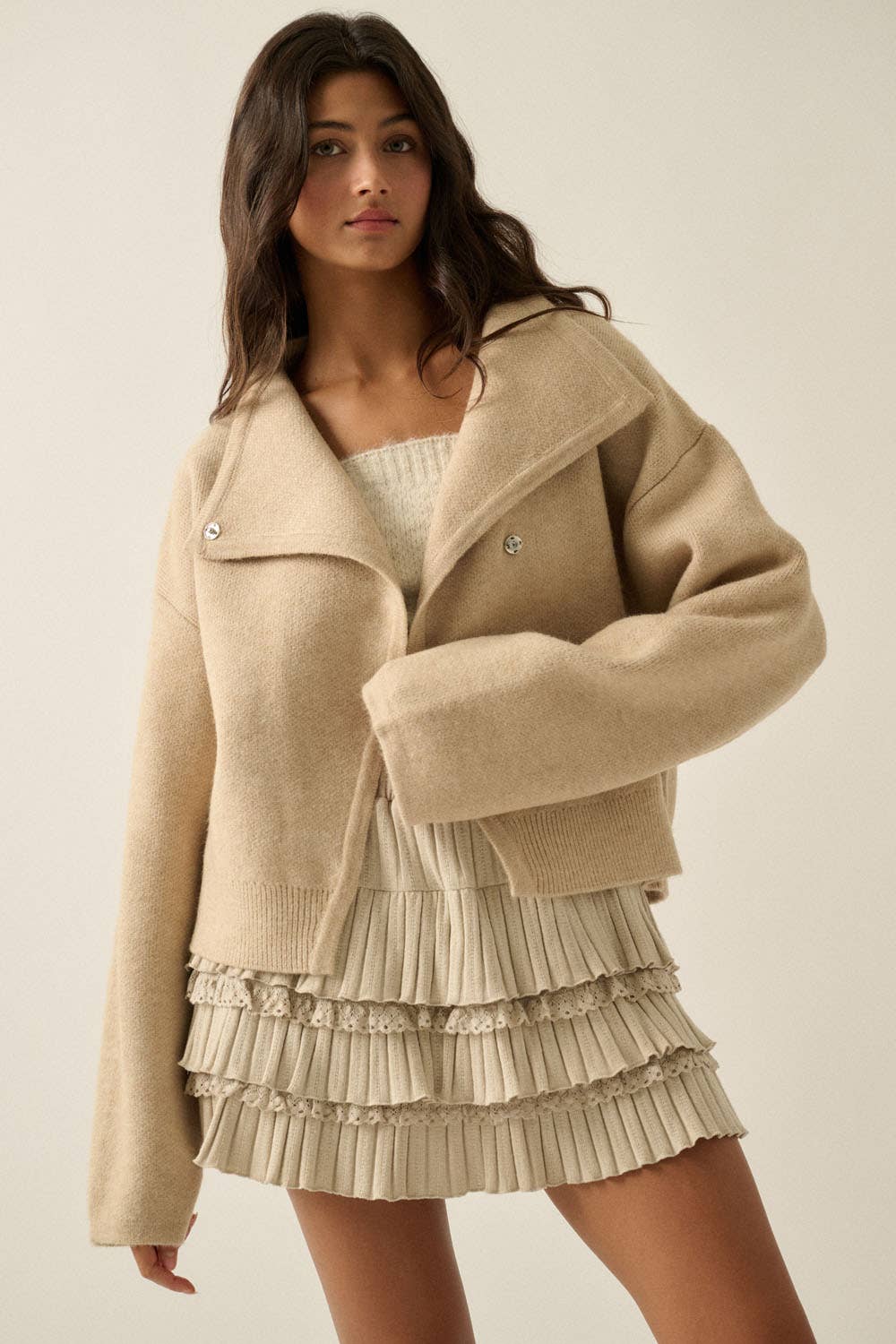 Solid Knit Snap-Front Wrap Sweater Jacket