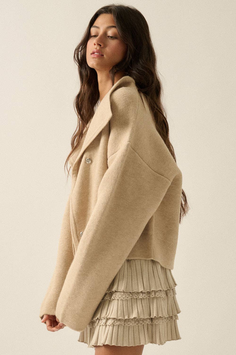 Solid Knit Snap-Front Wrap Sweater Jacket