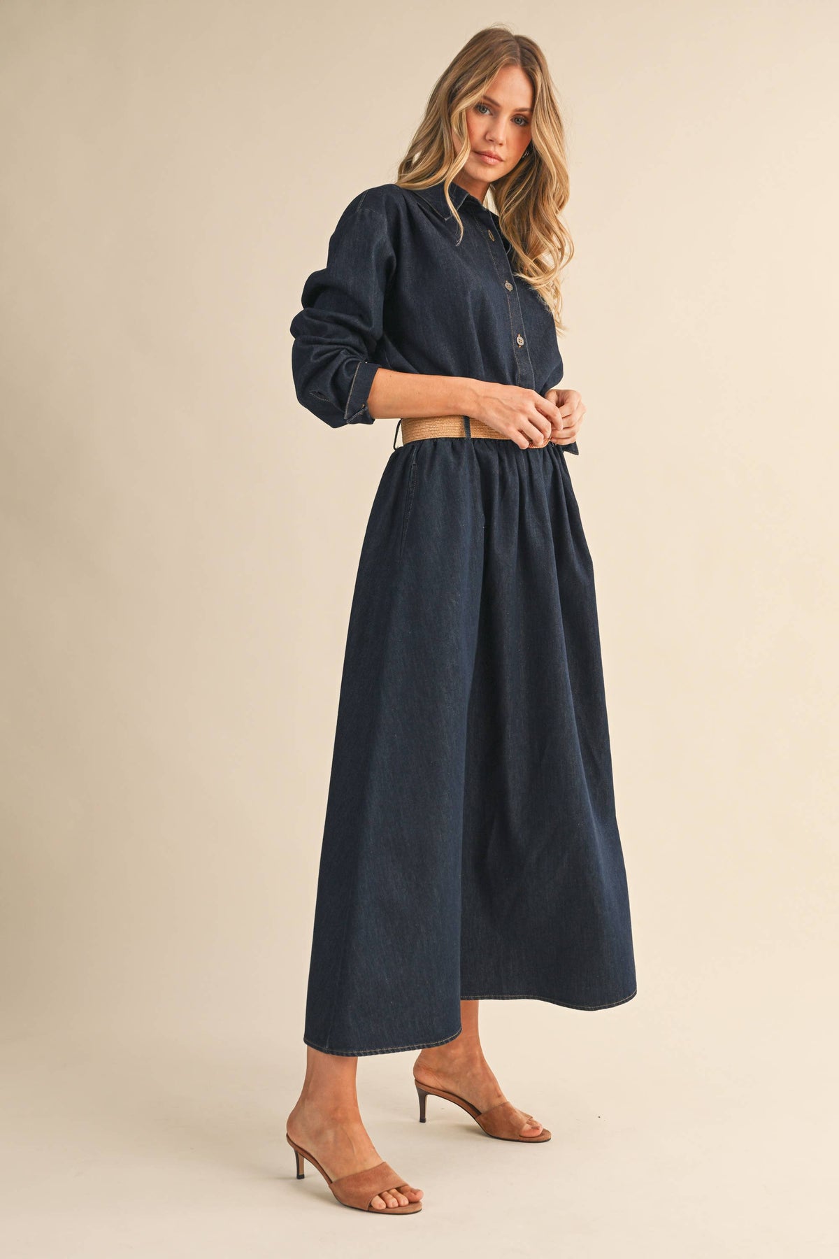 IST6190 DENIM BUTTON DOWN SHIRT AND BELTED MAXI SKIRT SET