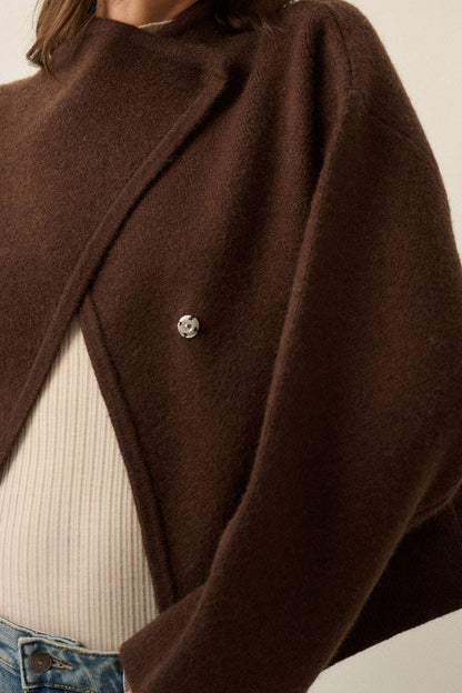 Solid Knit Snap-Front Wrap Sweater Jacket