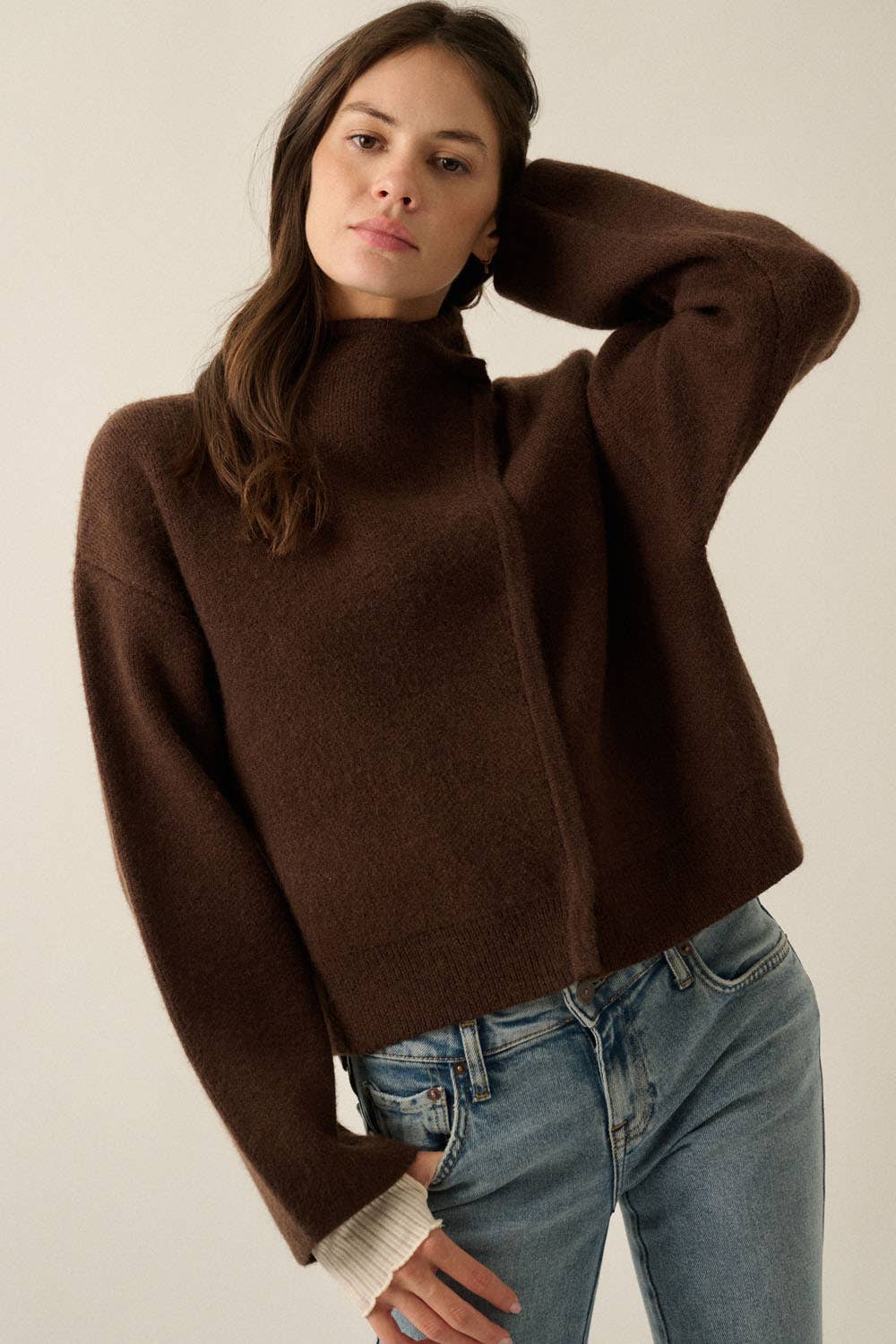 Solid Knit Snap-Front Wrap Sweater Jacket