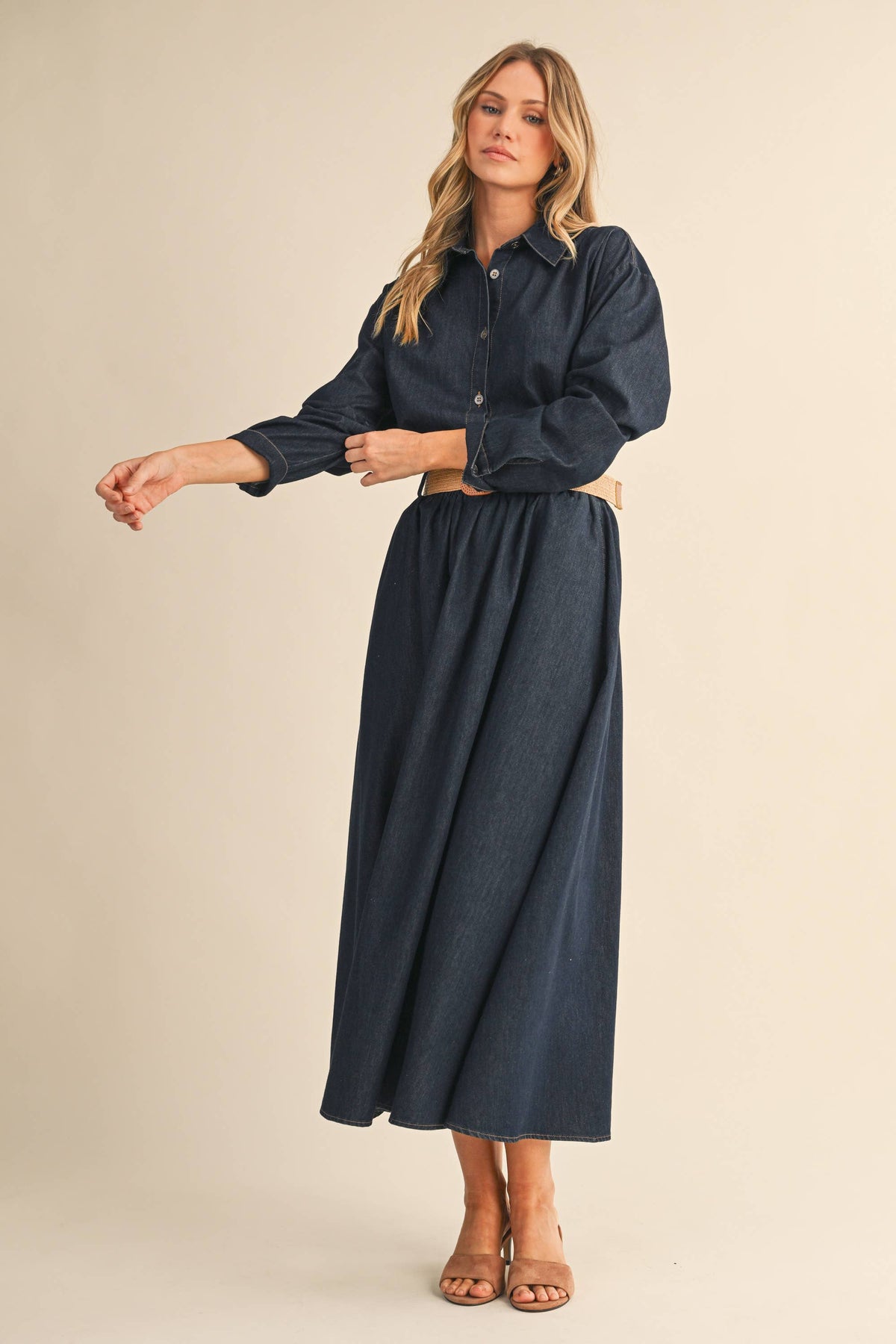 IST6190 DENIM BUTTON DOWN SHIRT AND BELTED MAXI SKIRT SET