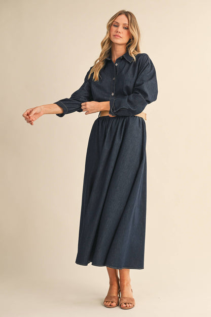 IST6190 DENIM BUTTON DOWN SHIRT AND BELTED MAXI SKIRT SET