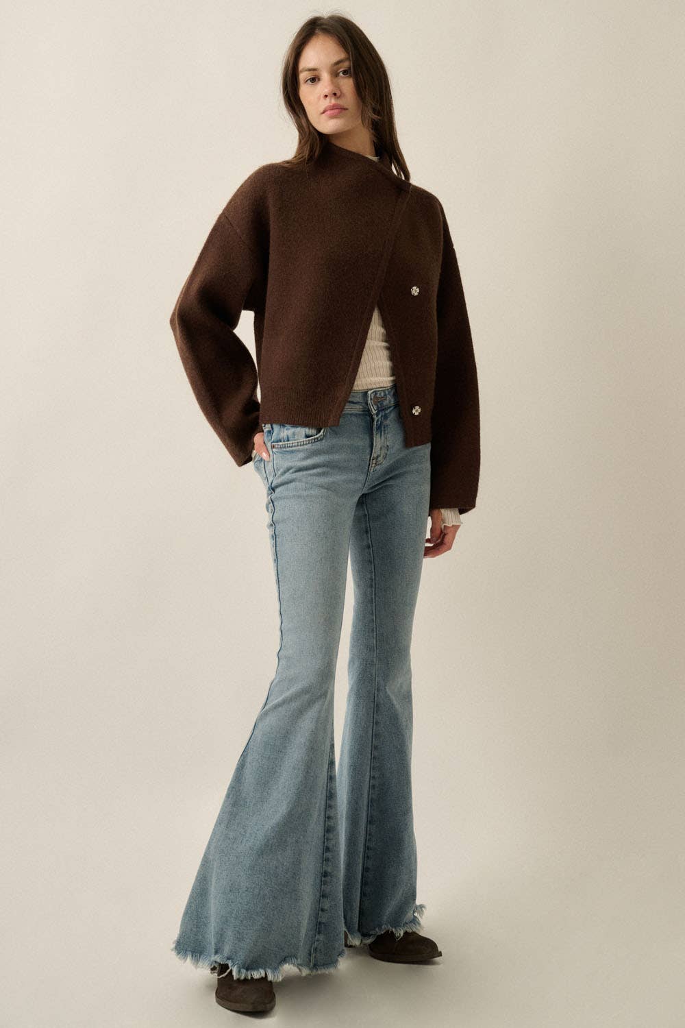 Solid Knit Snap-Front Wrap Sweater Jacket