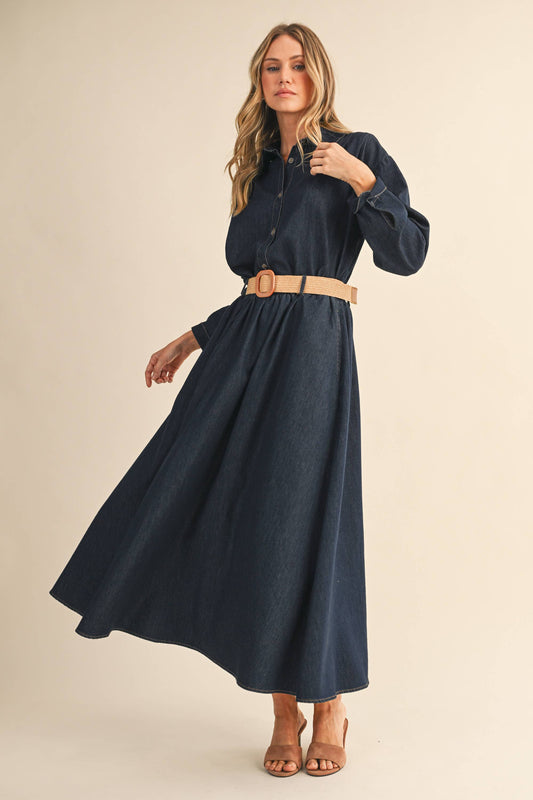 IST6190 DENIM BUTTON DOWN SHIRT AND BELTED MAXI SKIRT SET