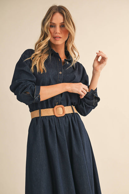 IST6190 DENIM BUTTON DOWN SHIRT AND BELTED MAXI SKIRT SET