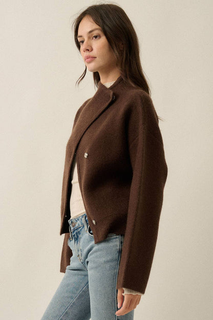 Solid Knit Snap-Front Wrap Sweater Jacket