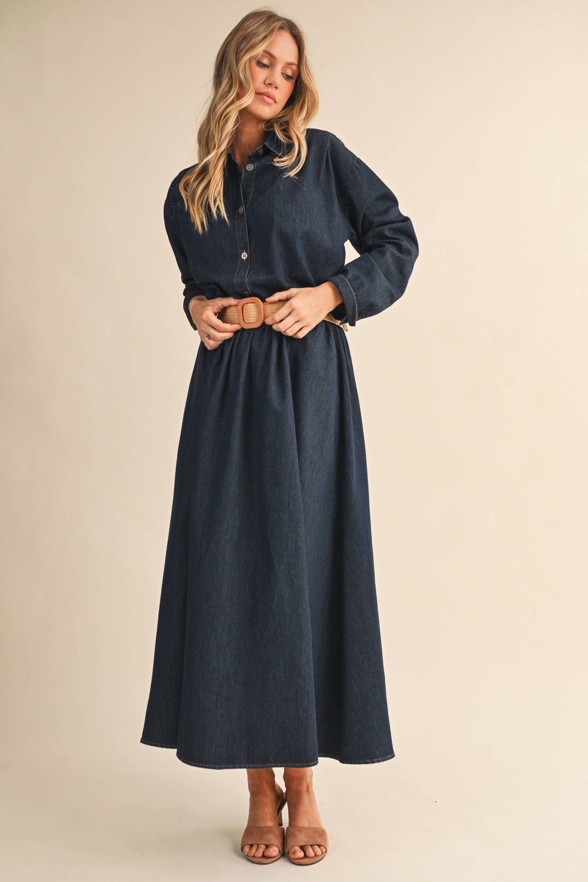IST6190 DENIM BUTTON DOWN SHIRT AND BELTED MAXI SKIRT SET