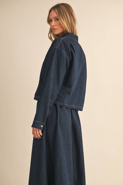 IST6190 DENIM BUTTON DOWN SHIRT AND BELTED MAXI SKIRT SET