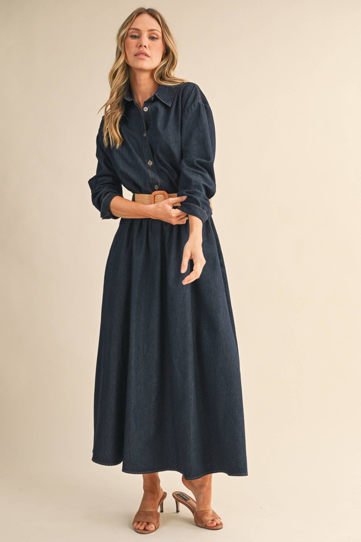 IST6190 DENIM BUTTON DOWN SHIRT AND BELTED MAXI SKIRT SET