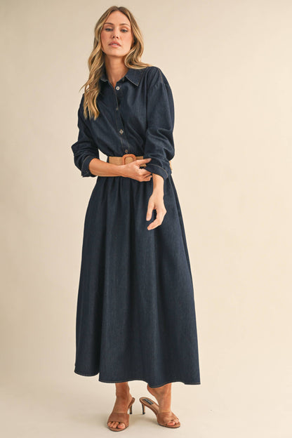 IST6190 DENIM BUTTON DOWN SHIRT AND BELTED MAXI SKIRT SET