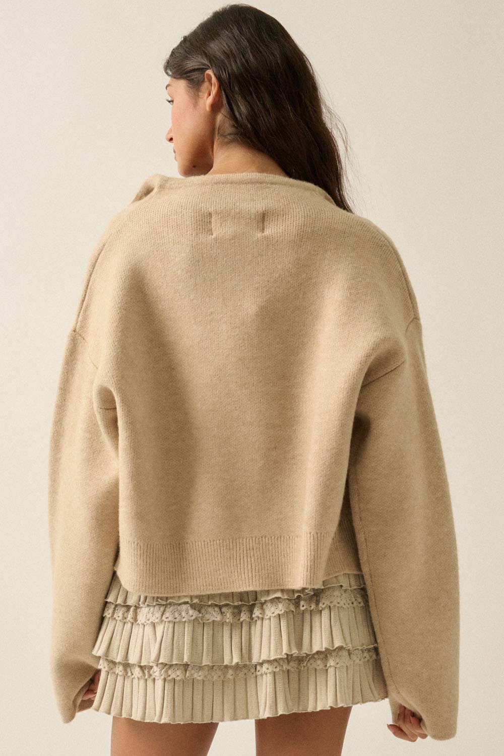 Solid Knit Snap-Front Wrap Sweater Jacket