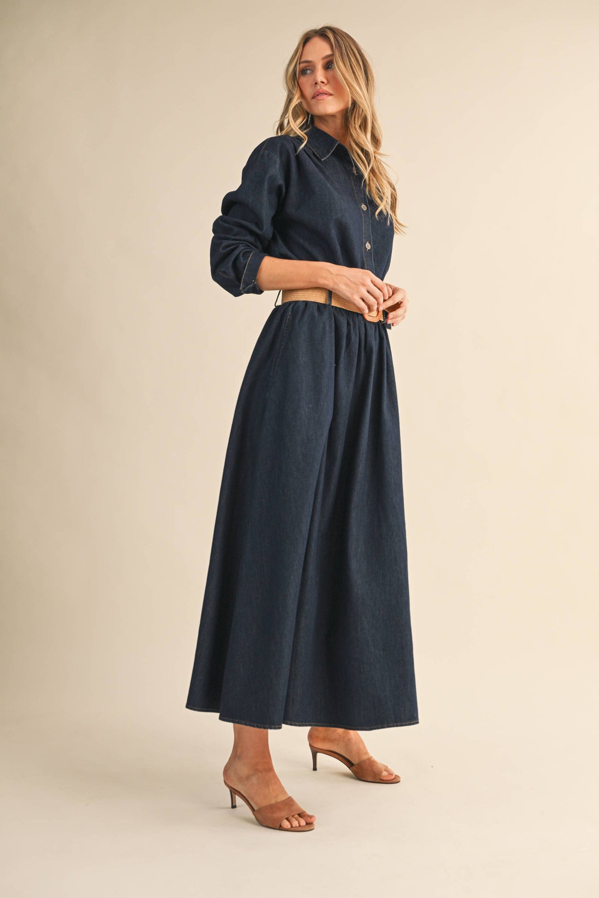 IST6190 DENIM BUTTON DOWN SHIRT AND BELTED MAXI SKIRT SET